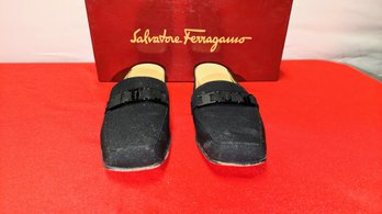 Vintage Salvatore Ferragamo Black Tourne' Square Toe Fabric Mules Slides (6)