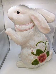 Ceramic Rabbit Statue With Bow & Floral Accents
