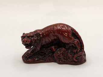 Chinese Zodiac Red Stone Carved Tiger On A Red Wood Base