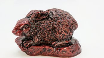 Chinese Zodiac Red Stone Carved Rabbit On A Red Wood Base
