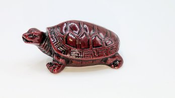 Chinese Zodiac Red Stone Carved Turtle On A Red Wood Base