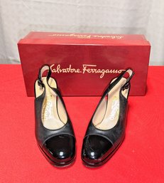 Ferragamo Nero Patent Calf Slingback Heels - Size (6.5)