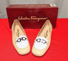 Vintage Ferragamo 'School'  Beige & White Loafer With Front Buckle Accent Size: 6