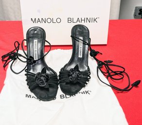 Manolo Blahnik Black Suede & Satin Lace Up Strappy Shoe - Size: 6