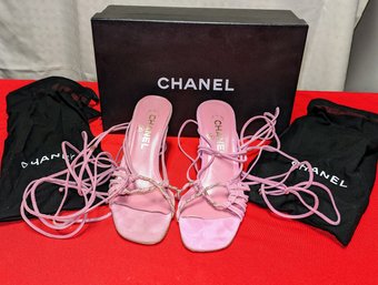 Chanel Lavender Suede Strappy Lace Up Heel - Size 5.5