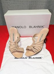 Manolo Blahnik Strappy Leather & Suede Beige Mule - Size 6.5