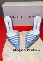 Manolo Blahnik Light Blue Suede And Shoe Lace Accent Mule - Size 6