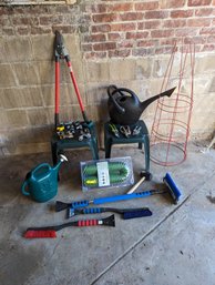 Collection Of Garden Tools Plus Ice Scrappers And Plastic Side Tables