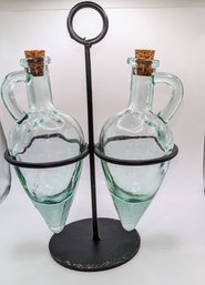 Hand Blow Glass Oil & Vinegar Bottles With Metal Stand