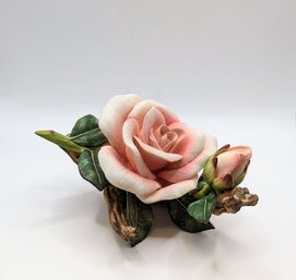 Tatsumi Izo Signed Vintage Porcelain Pink Rose & Bud On Vine Statue