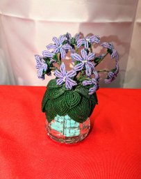 Vintage Handmade Beaded Wired Flowers In A Crystal Pot