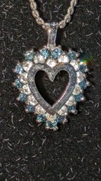 Silver Plate White & Blue Topaz Rhinestone Heart Necklace