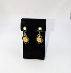 1940's Egg Yolk & White Faceted Bead Hanging Pierced Earrings