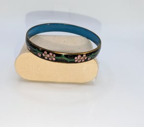 Black Cloisonne Enamel Bracelet, Hand Painted Floral Design And Turquois Inside