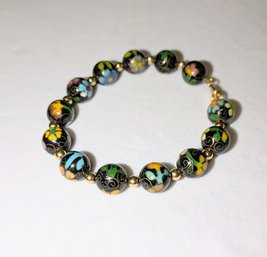 Vintage Black Cloisonne Glass Beaded Bracelet With Gold Tone Beads In Between