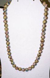 Vintage Celadon Cloisonne Hand Painted Glass Beaded Necklace With Marked 'Silver' Clasp