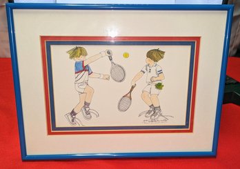 1991 Linda Barton Miller Watercolor And Pen Tennis Drawing, Signed & Numbered