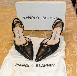 Manolo Blahnik  Black Leather & Suede Sling Back Heel Size - 5