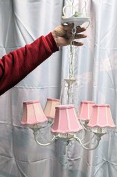 White 5 Arm Metal Chandelier With Glass Beads & Pink Shades