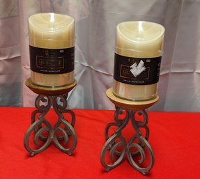 Pair Of Metal & Wood Candle Holder & Sharper Image Flameless Candles