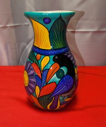 Multi Color Vintage Handmade Mexican Pottery Folk Art Vase
