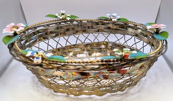 Woven Oval Metal Basket With Enamel Painted Flowers