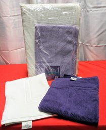 Joy Mangano Purple And White Luxury Bath Mat Set With Foam Insert & 2 White Towels