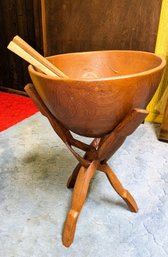 Vintage Large Teak Salad Bowl On Stand & Spoon & Fork Server