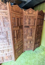 Hand Carved Four Panel Solid Wood Vintage Room Divider Screen - Teak