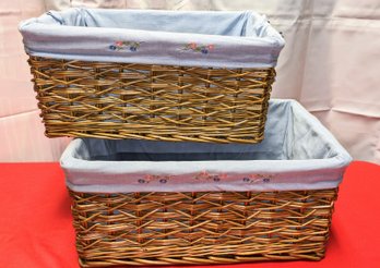 Set Of 2 Blue Cloth Lined Floral Design Wicker Baskets