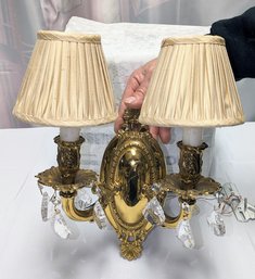 Brass & Crystal Double Wall Sconce With Champagne Color Pleated Shades (4 Of 5)