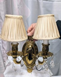 Brass & Crystal Double Wall Sconce With Champagne Color Pleated Shades (2 Of 5) - Missing 1 Crystal
