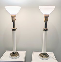 1900'S Antique Hollywood Regency Torchiere Converted Gas Milk Glass Column Lamps
