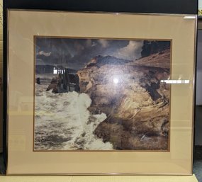 Framed, Matted & Signed Photograph  Of Crashing Waves Against Mountains Taken & Signed By Dennis Frates