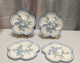 Set Of 4  Blue & White Antique English Brownfield Porcelain Oyster Plates Made For Tiffany & Co.