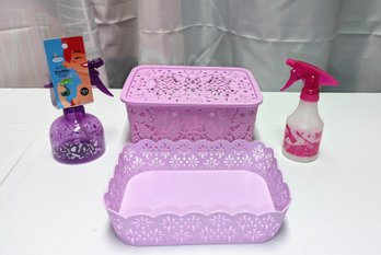 Set Of 2 Lavender Storage Bins & 2 Plastic Spray Bottles