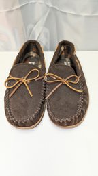 Men's Minnetonka Brown Moccasin Hard Sole Slippers & Plaid Lining- Size 10