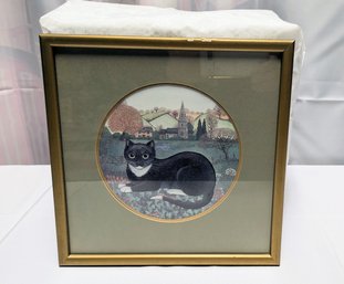 Vintage Sharon Jervis Village Green 'Cats' - Black & White Cat,  Framed Picture