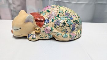 Vintage Hand-painted & Marked Chinese Porcelain Sleeping Cat Statue