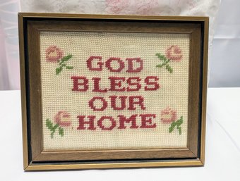 Vintage Framed Needlepoint 'God Bless Our Home'