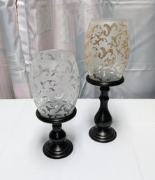 Set Of 2 Scrolled Glass Hurricane Candle Covers With Wood Pedestal Bases