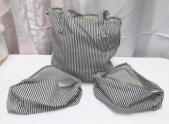 Joy Mangano Black & White Stripe Canvas Tote Bag & 2 Storage Bags