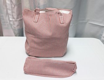 Joy Mangano Stripe Muted Red & White Canvas Tote Bag & Storage Bag