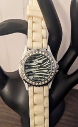 Geneva Zebra Print Face With CZ Bezel White Rubber Band Watch