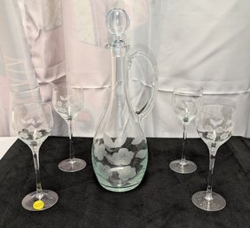 4 Vintage Etched Cut Glasses & Decanter Set