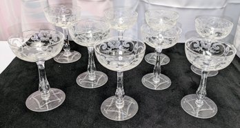 Set Of 9 - MCM  Vintage Hollywood Deco Crystal Etched Champagne/Sorbert Glasses - STUNNING/CLASSY