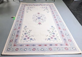 Dhurrie Hand Loomed Wool Rug Cream With Floral Design And Muted Tones Of Blue And Lavender