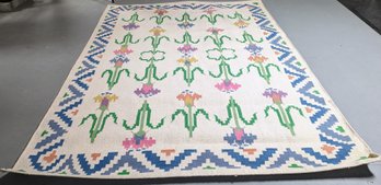 Carpet #13 - Lota Indian Dhurrie, Wool Rug - Sheba Cream With Tulips Design