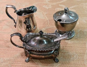 Silver Plate Cream Pitcher, Lidded Sugar Bowl (no Spoon) & Lidded Sugar Bowl With Spoon - 3 Items