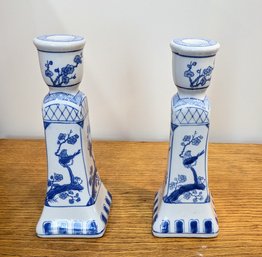 Pair Of Blue & White  Vintage Chinoiserie Candle Holders